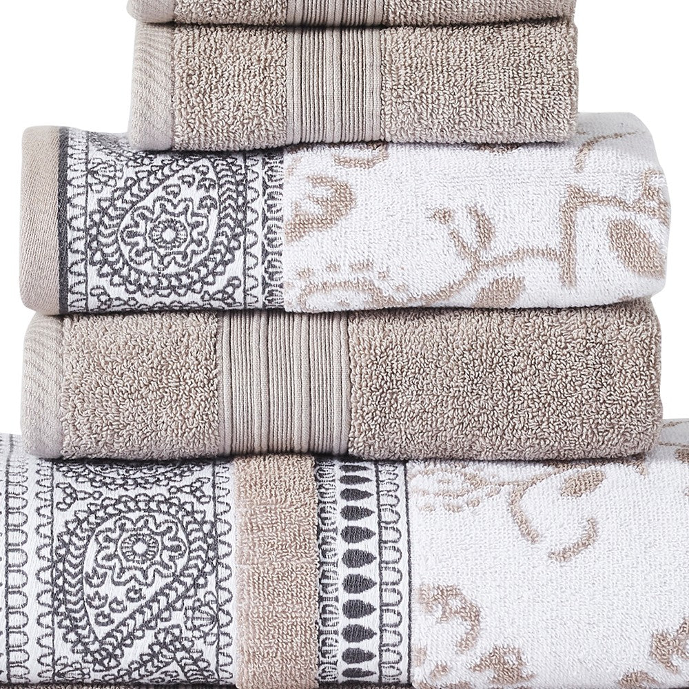 Veria 6 Piece Towel Set with Paisley and Floral Motif Pattern The Urban Port, Beige - BM250059