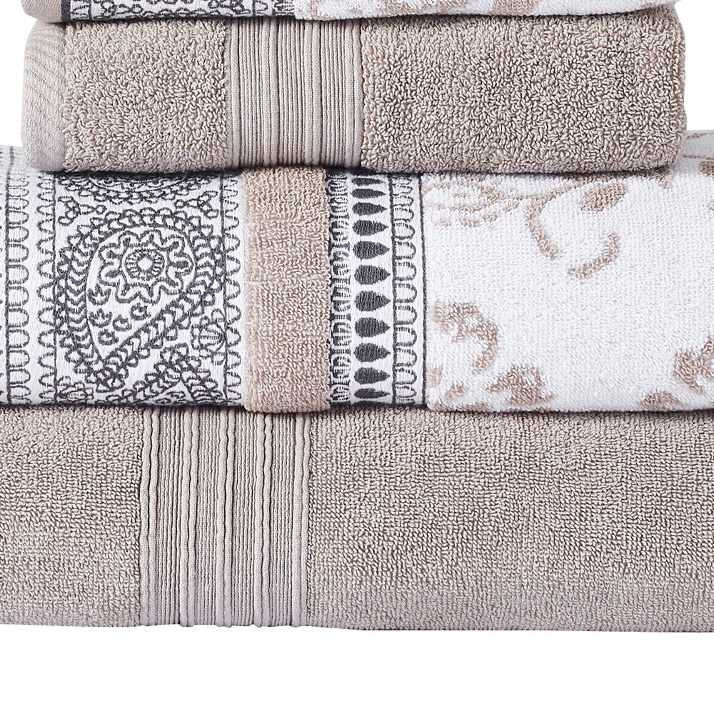 Veria 6 Piece Towel Set with Paisley and Floral Motif Pattern The Urban Port, Beige - BM250059