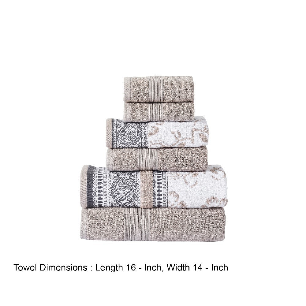 Veria 6 Piece Towel Set with Paisley and Floral Motif Pattern The Urban Port, Beige - BM250059