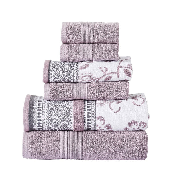 Veria 6 Piece Towel Set with Paisley and Floral Motif Pattern The Urban Port, Purple - BM250060