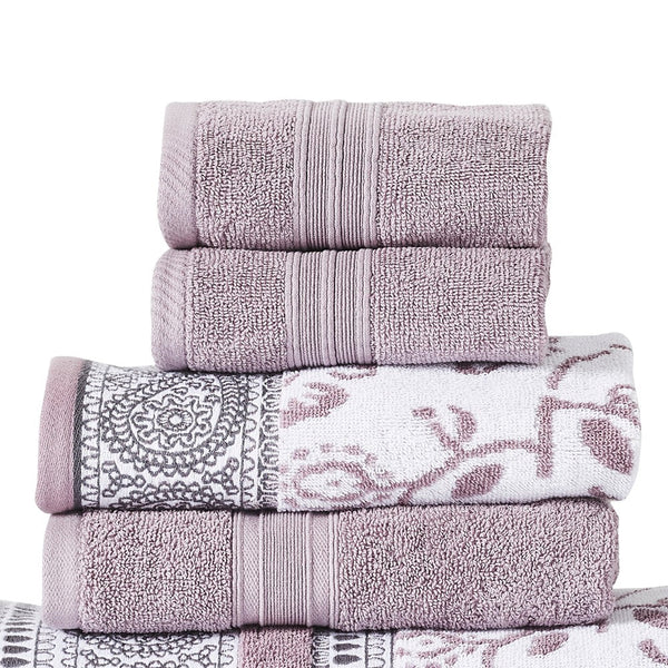 Veria 6 Piece Towel Set with Paisley and Floral Motif Pattern The Urban Port, Purple - BM250060