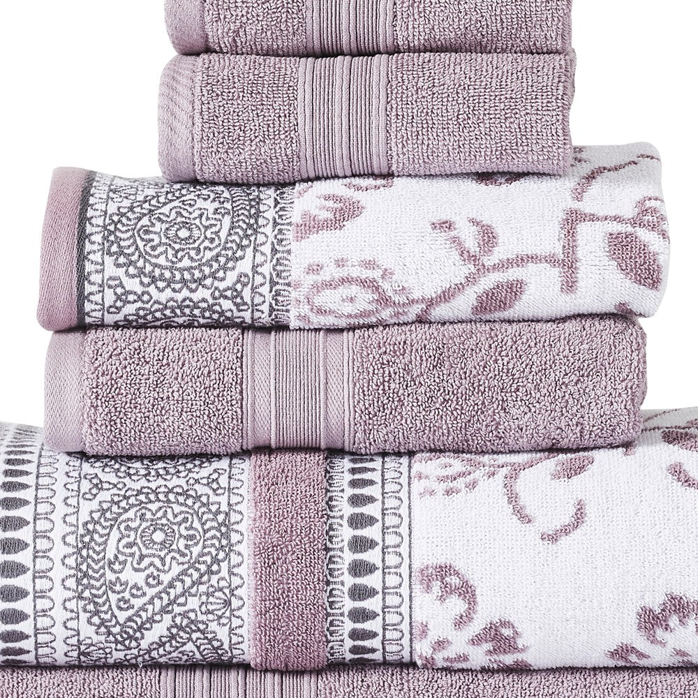 Veria 6 Piece Towel Set with Paisley and Floral Motif Pattern The Urban Port, Purple - BM250060