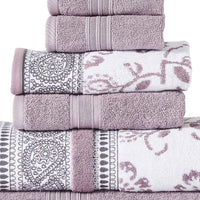 Veria 6 Piece Towel Set with Paisley and Floral Motif Pattern The Urban Port, Purple - BM250060