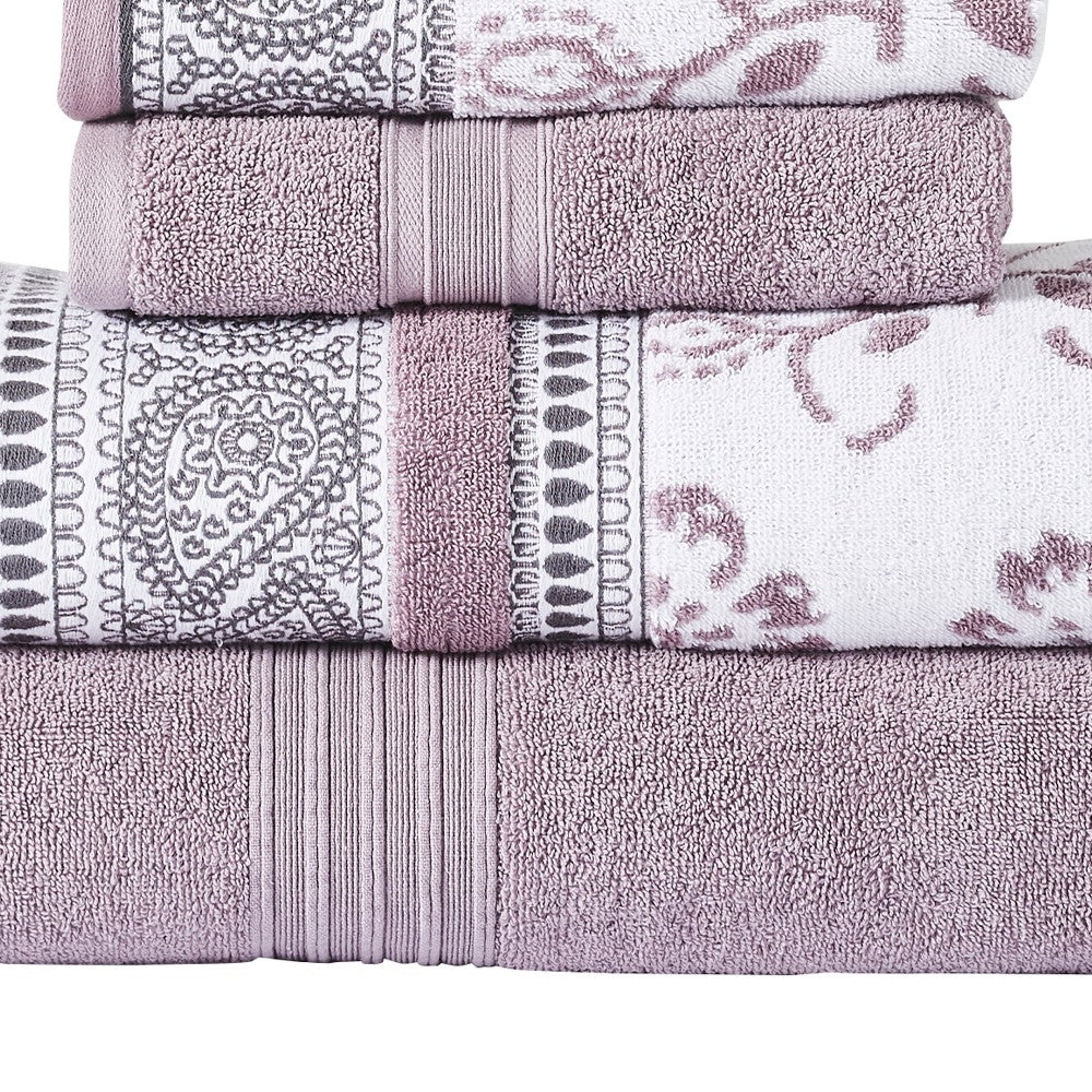 Veria 6 Piece Towel Set with Paisley and Floral Motif Pattern The Urban Port, Purple - BM250060