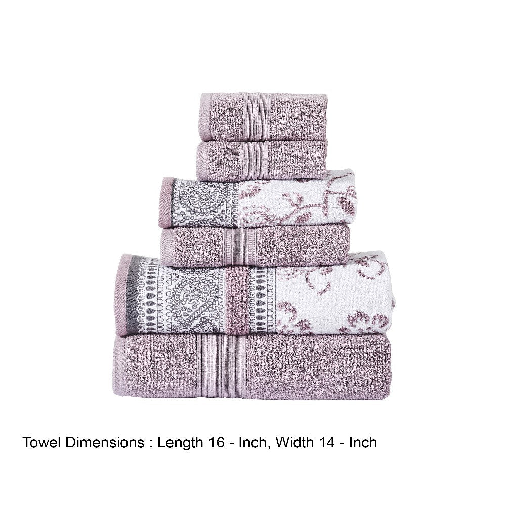 Veria 6 Piece Towel Set with Paisley and Floral Motif Pattern The Urban Port, Purple - BM250060