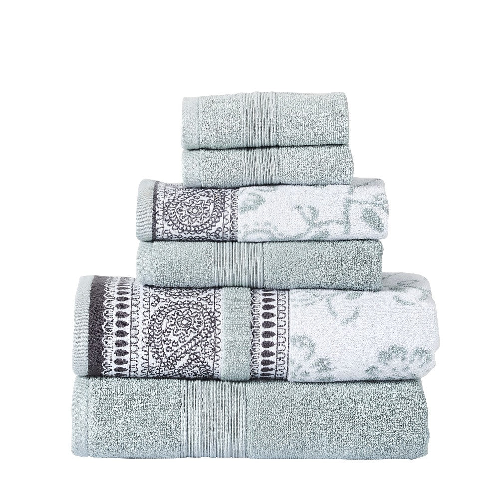 Veria 6 Piece Towel Set with Paisley and Floral Pattern The Urban Port, Sage Blue - BM250061