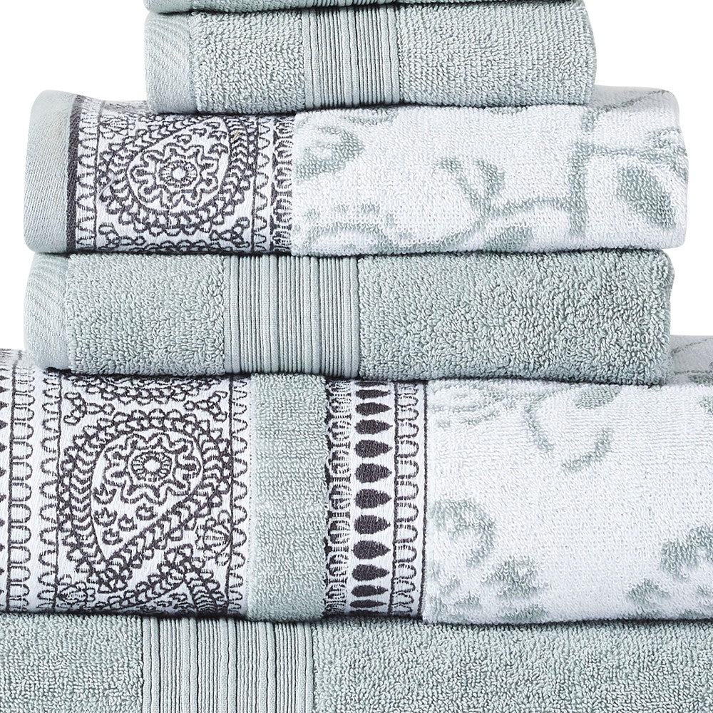 Veria 6 Piece Towel Set with Paisley and Floral Pattern The Urban Port, Sage Blue - BM250061