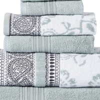 Veria 6 Piece Towel Set with Paisley and Floral Pattern The Urban Port, Sage Blue - BM250061