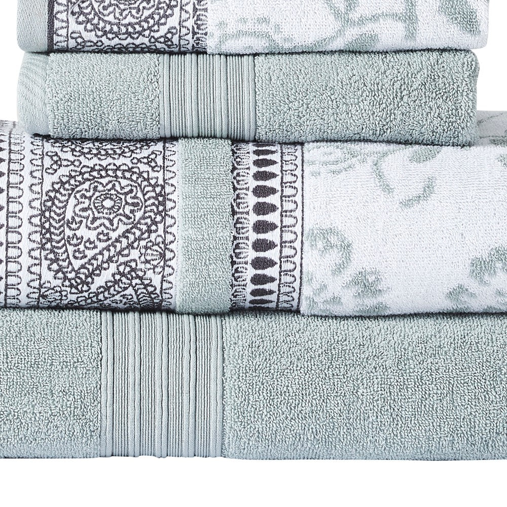 Veria 6 Piece Towel Set with Paisley and Floral Pattern The Urban Port, Sage Blue - BM250061