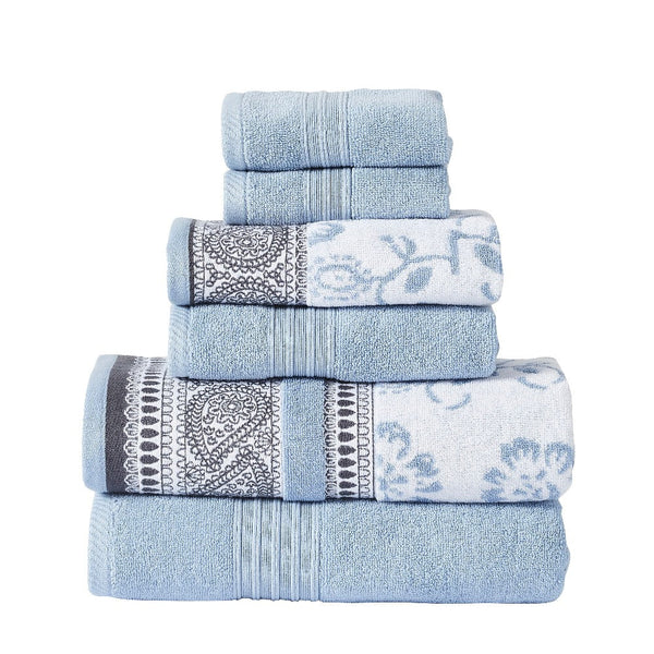 Veria 6 Piece Towel Set with Paisley and Floral Pattern The Urban Port, Blue - BM250062