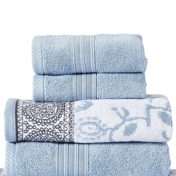 Veria 6 Piece Towel Set with Paisley and Floral Pattern The Urban Port, Blue - BM250062