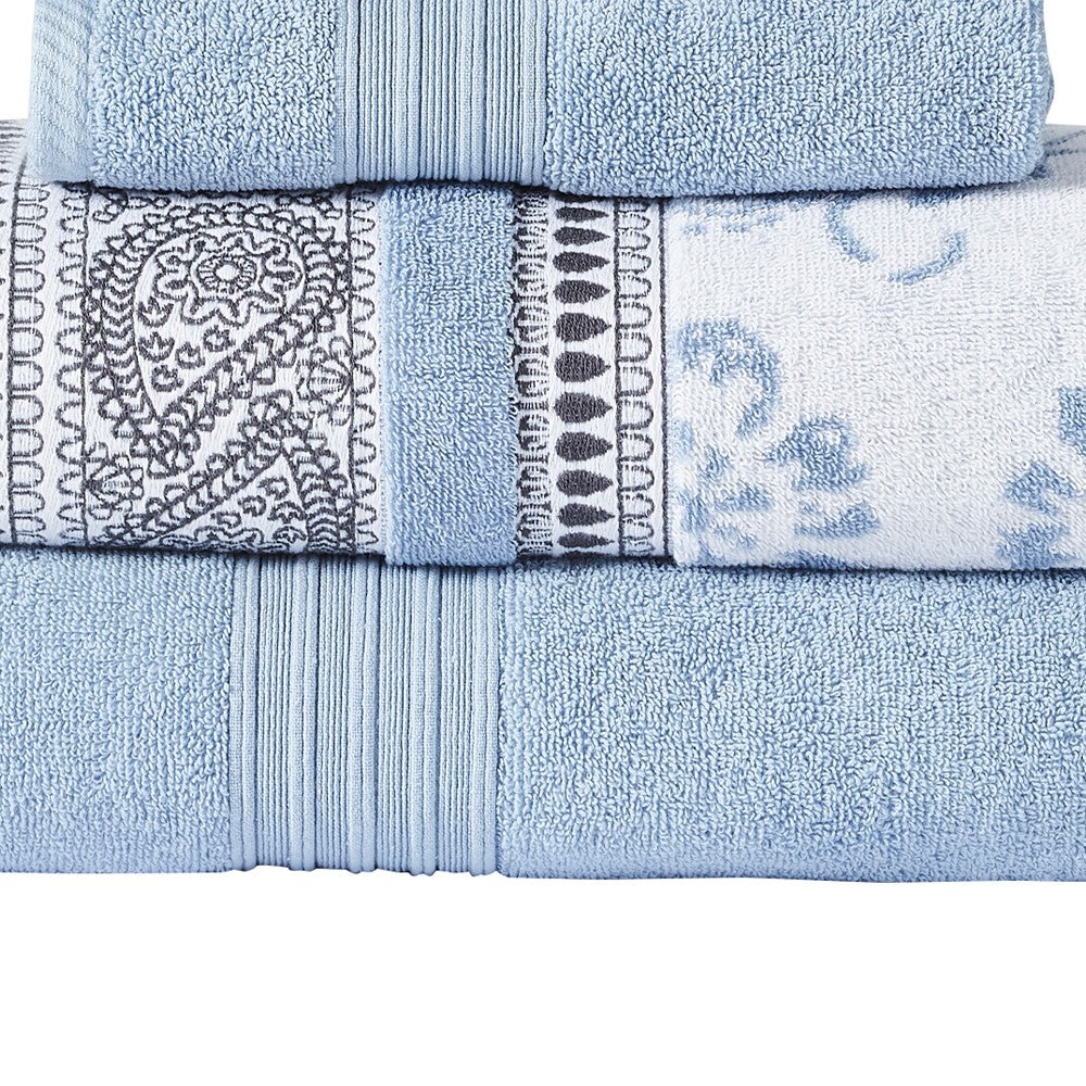 Veria 6 Piece Towel Set with Paisley and Floral Pattern The Urban Port, Blue - BM250062