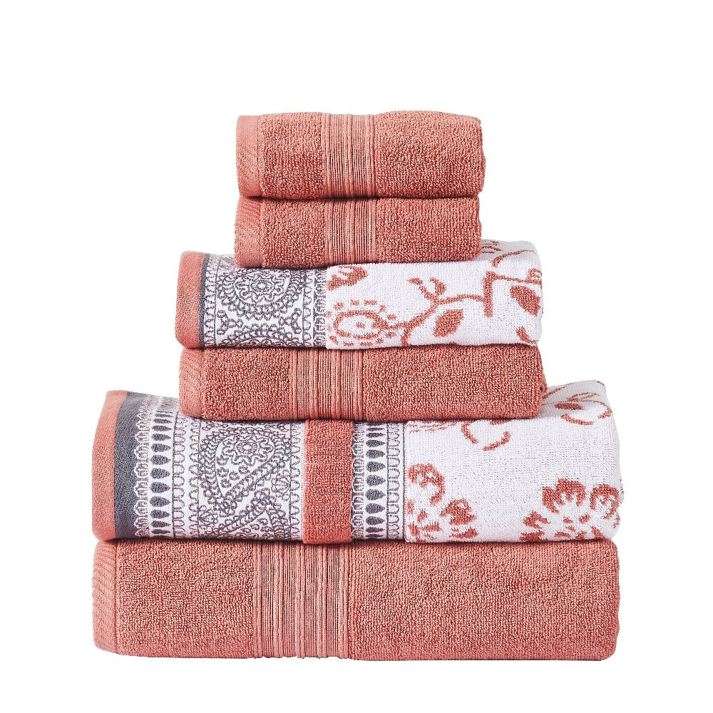 Veria 6 Piece Towel Set with Paisley and Floral Pattern The Urban Port, Peach - BM250063