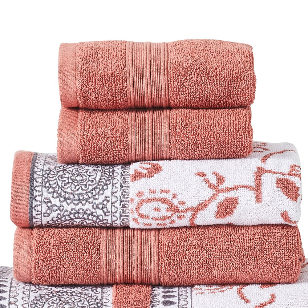 Veria 6 Piece Towel Set with Paisley and Floral Pattern The Urban Port, Peach - BM250063