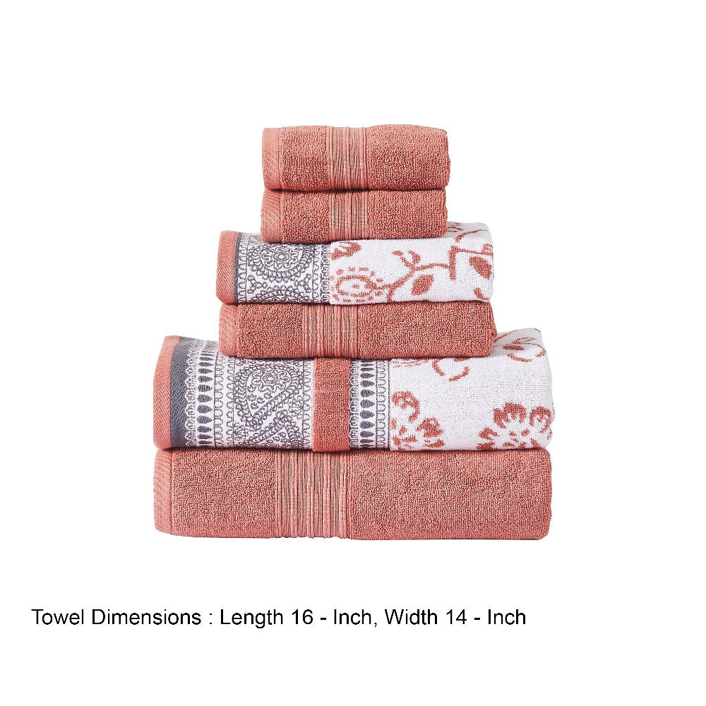 Veria 6 Piece Towel Set with Paisley and Floral Pattern The Urban Port, Peach - BM250063