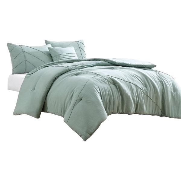 Veria 4 Piece Queen Comforter Set with Leaf Vein Stitching The Urban Port, Green - BM250129