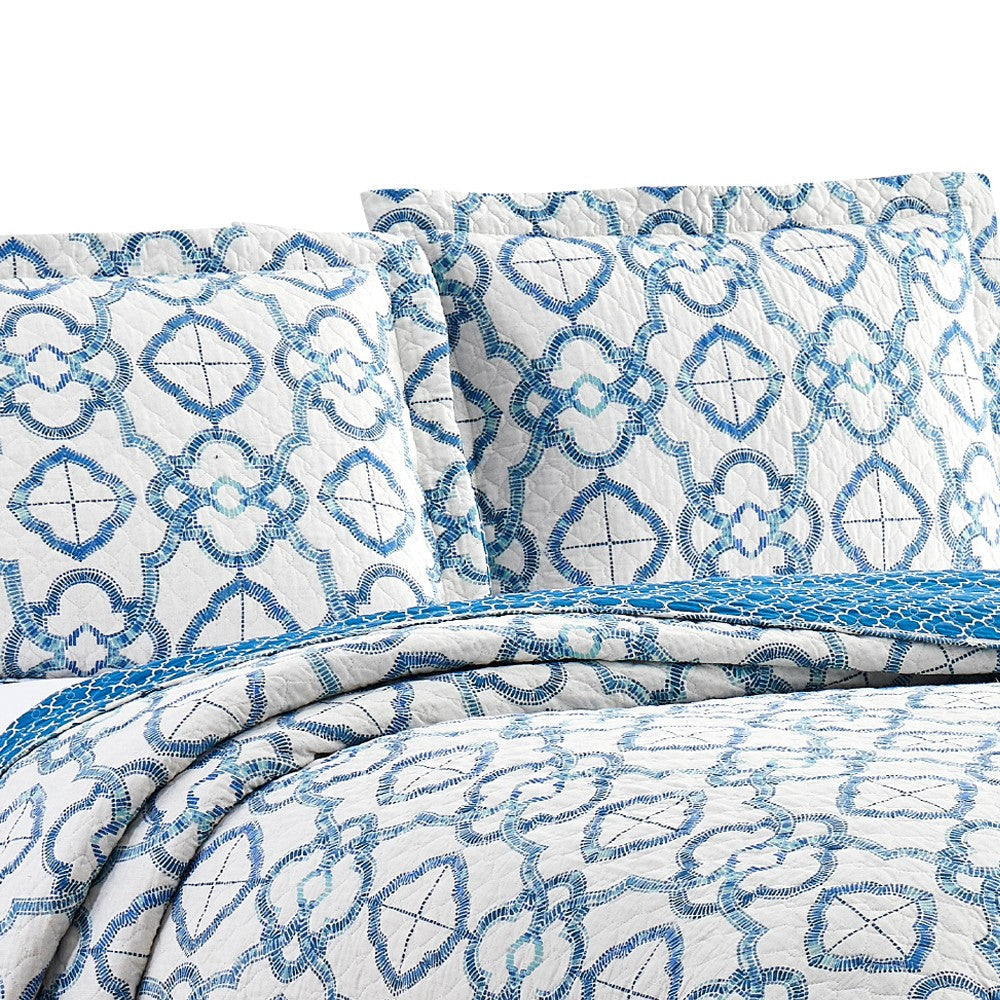 Veria 3 Piece Queen Quilt Set with Embroidery  White and Blue - BM250133