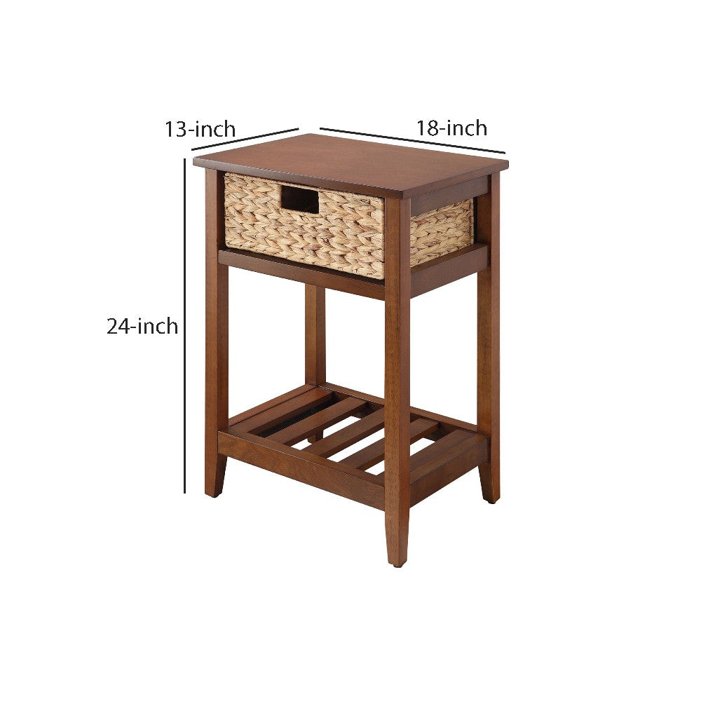 MDF Accent Table with Rattan Storage Basket and Slatted Shelf, Brown - BM250178