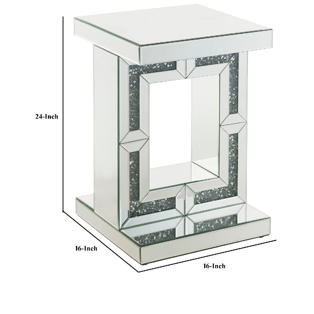 Accent Table with Open Geometric Base and Acrylic Diamond Inlay, Silver - BM250186