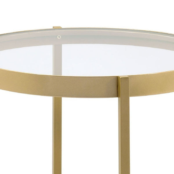 End Table with Round Glass Top and Metal Frame, Gold - BM250228