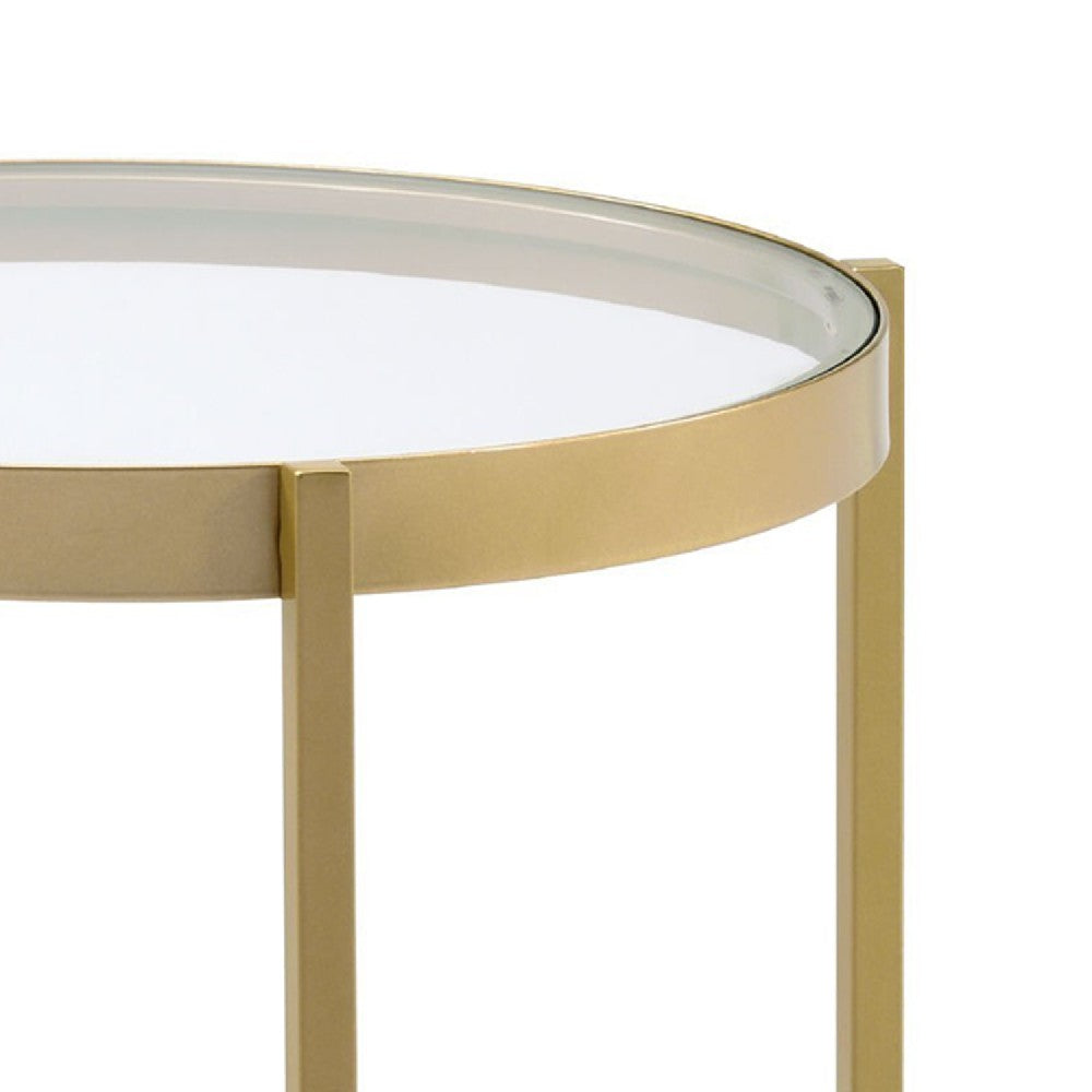 End Table with Round Glass Top and Metal Frame, Gold - BM250228