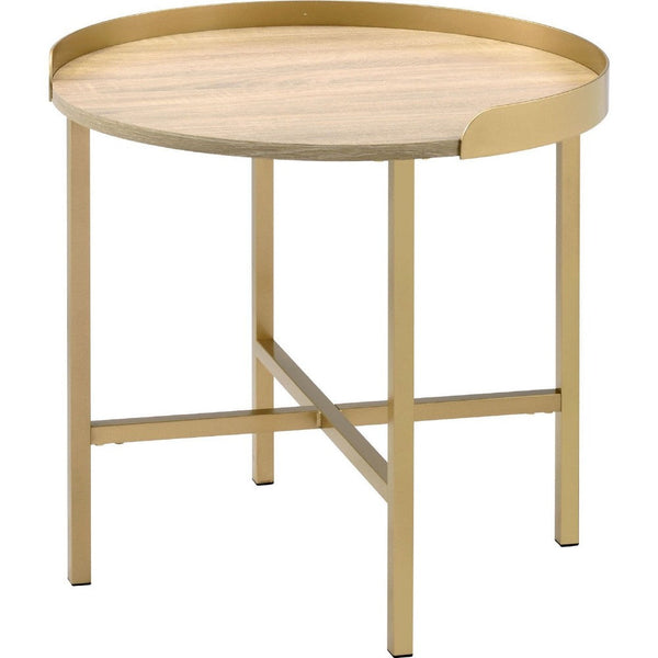 Kai 22 Inch Wood End Table, Round Tray Top, Metal Accent, Brown, Brass - BM250257