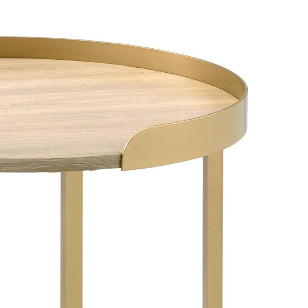 Kai 22 Inch Wood End Table, Round Tray Top, Metal Accent, Brown, Brass - BM250257