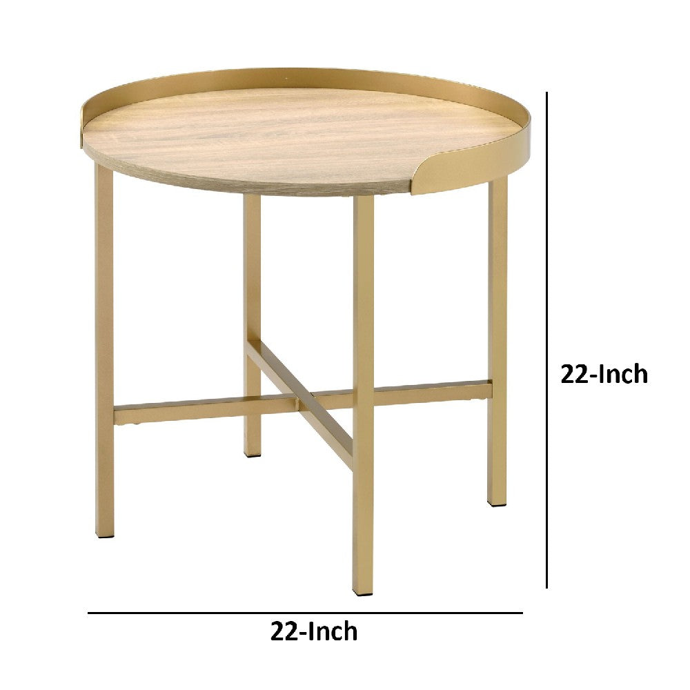 Kai 22 Inch Wood End Table, Round Tray Top, Metal Accent, Brown, Brass - BM250257