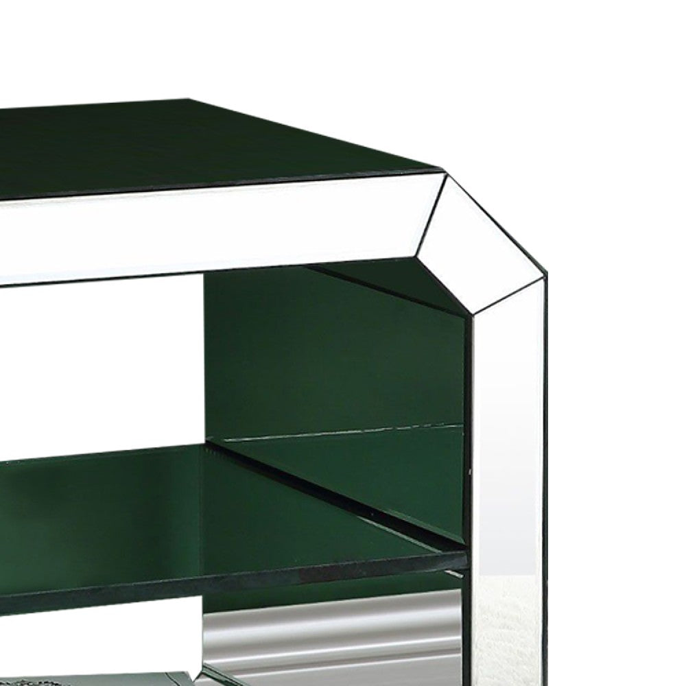 Accent Table with Mirrored Inserts and 1 Glass Shelf, Silver - BM250271