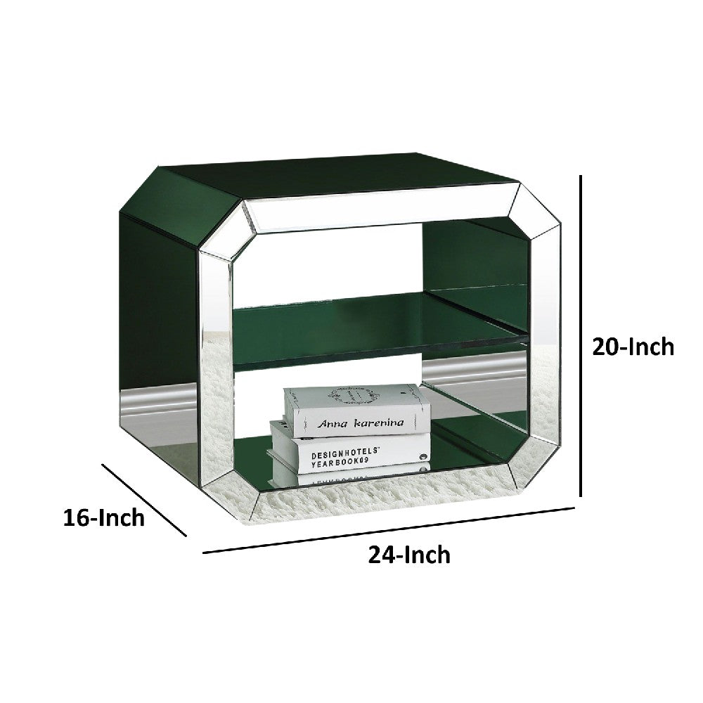 Accent Table with Mirrored Inserts and 1 Glass Shelf, Silver - BM250271