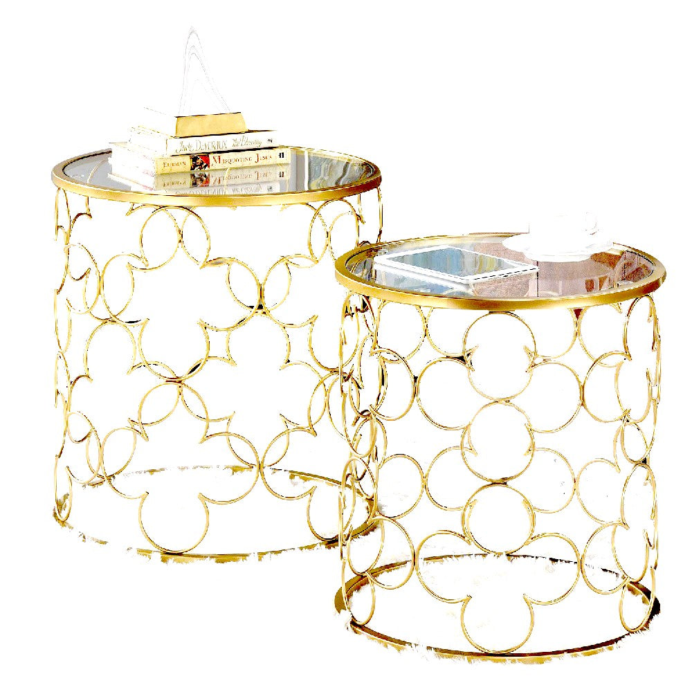 2 Piece Round Nesting Table with Lattice Metal Base, Gold - BM250298