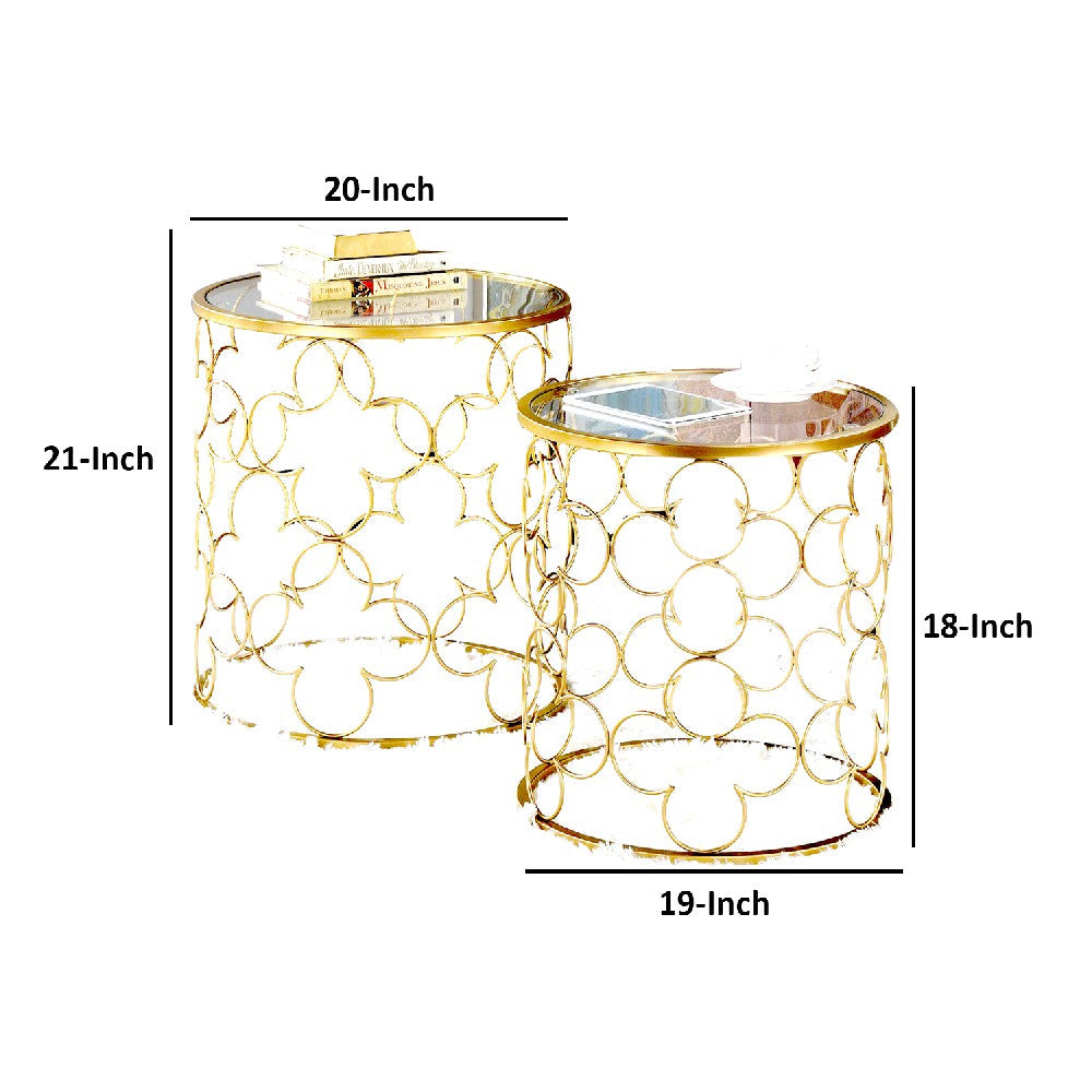 2 Piece Round Nesting Table with Lattice Metal Base, Gold - BM250298