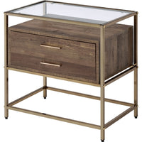 Accent Table with 2 Drawers and Metal Frame Glass Top, Brown and Gold - BM250320