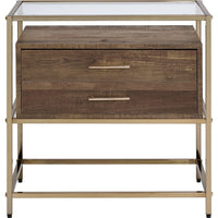 Accent Table with 2 Drawers and Metal Frame Glass Top, Brown and Gold - BM250320