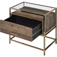 Accent Table with 2 Drawers and Metal Frame Glass Top, Brown and Gold - BM250320