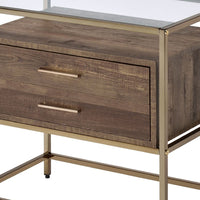 Accent Table with 2 Drawers and Metal Frame Glass Top, Brown and Gold - BM250320