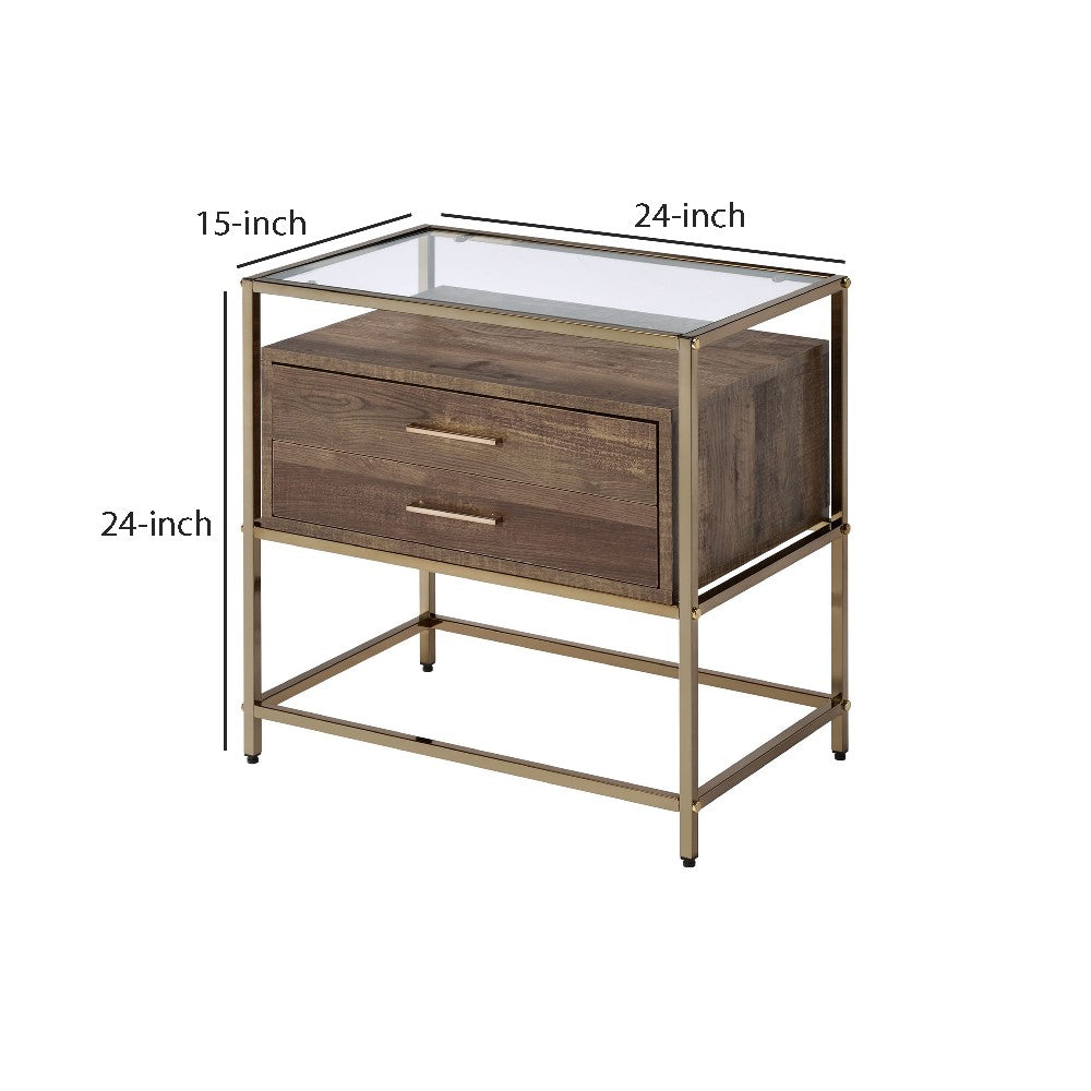 Accent Table with 2 Drawers and Metal Frame Glass Top, Brown and Gold - BM250320