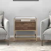 Accent Table with 2 Drawers and Metal Frame Glass Top, Brown and Gold - BM250320