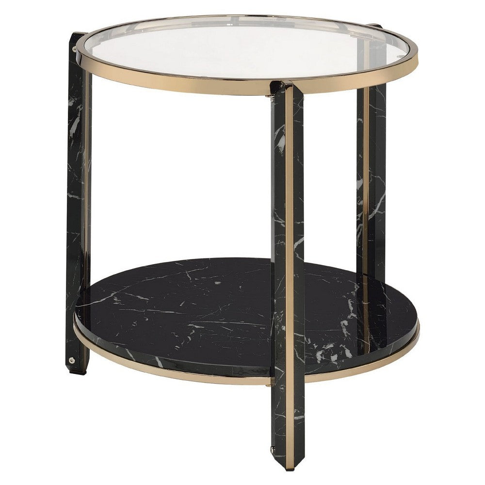 End Table with Glass Top and Faux Marble Shelf, Black and Gold - BM250391