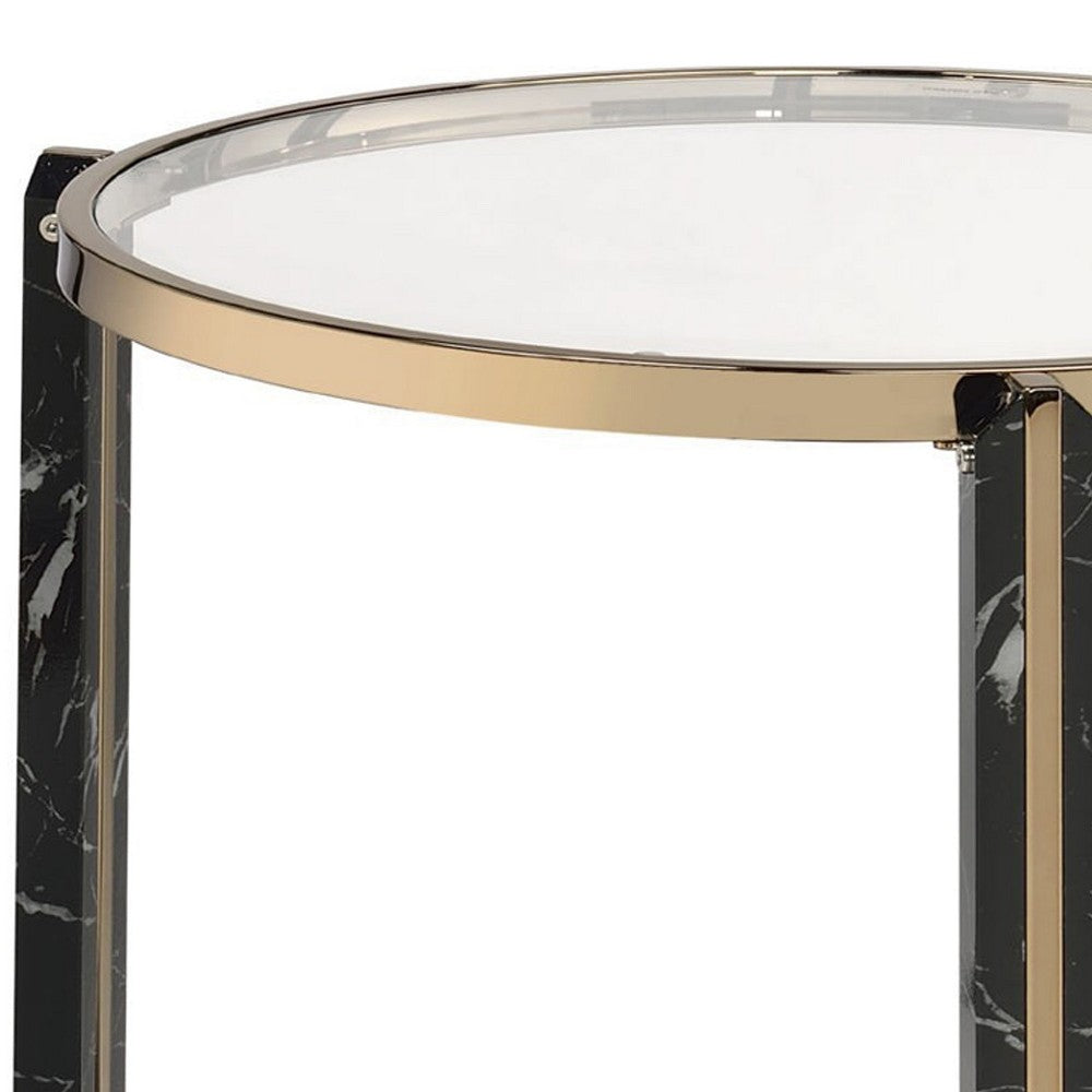 End Table with Glass Top and Faux Marble Shelf, Black and Gold - BM250391