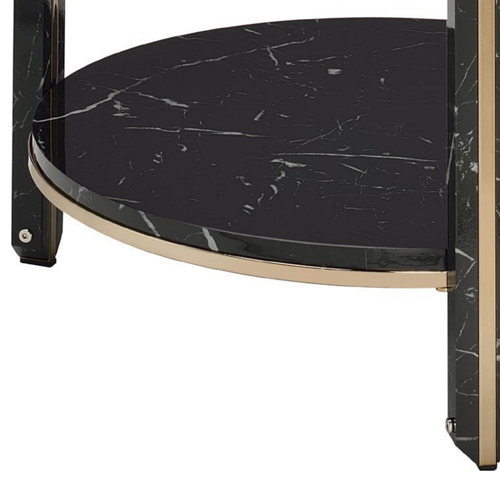 End Table with Glass Top and Faux Marble Shelf, Black and Gold - BM250391
