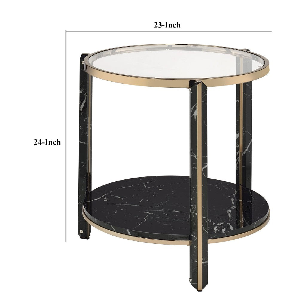 End Table with Glass Top and Faux Marble Shelf, Black and Gold - BM250391