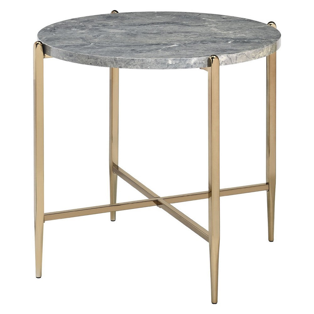 End Table with Oval Marble Top and X Shaped Support, Gray and Gold - BM250396