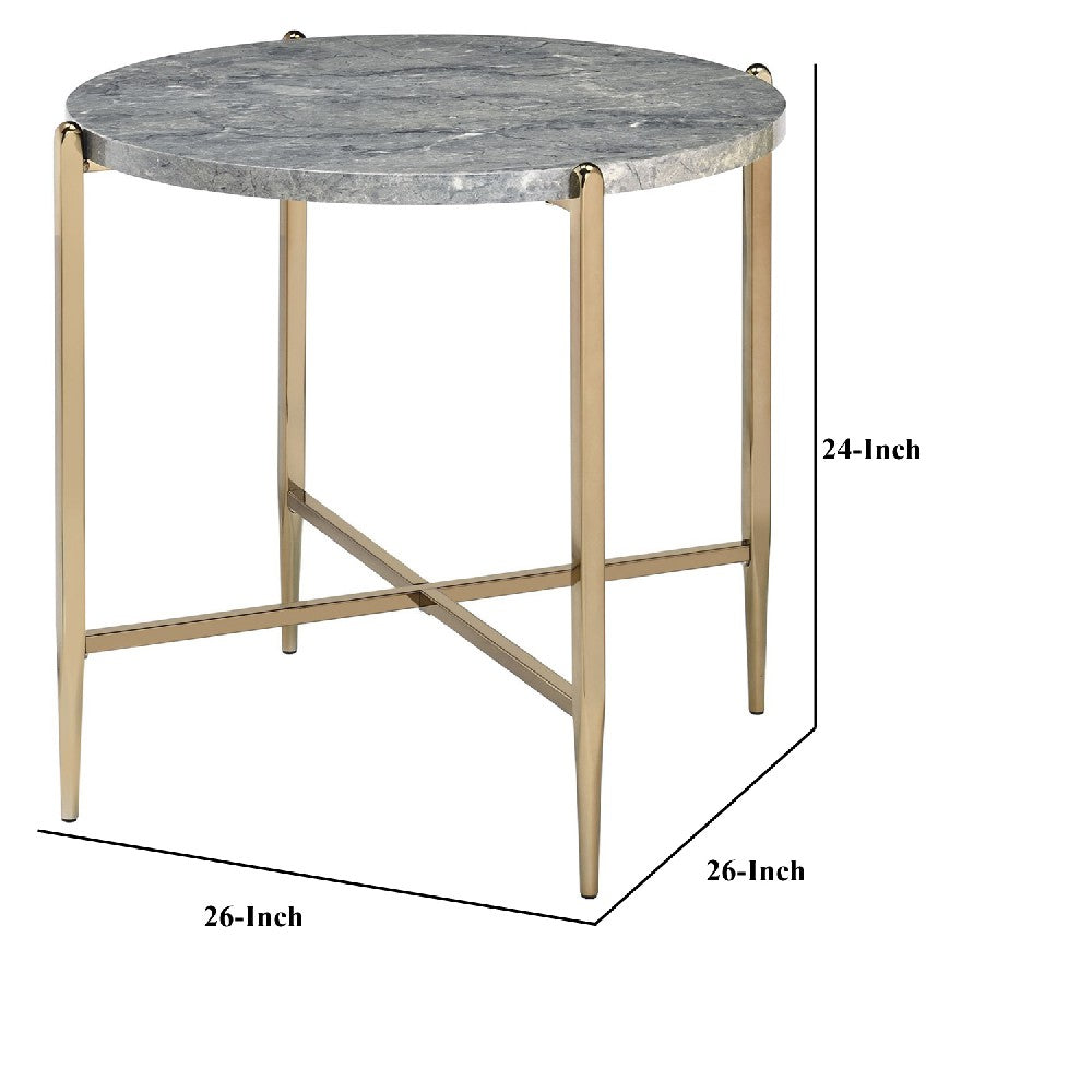 End Table with Oval Marble Top and X Shaped Support, Gray and Gold - BM250396