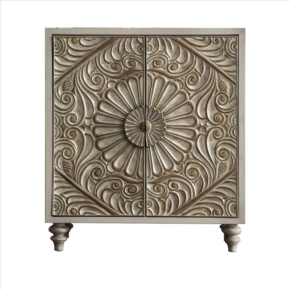 Wine Cabinet with Polyresin Floral Design, Ivory - BM253000