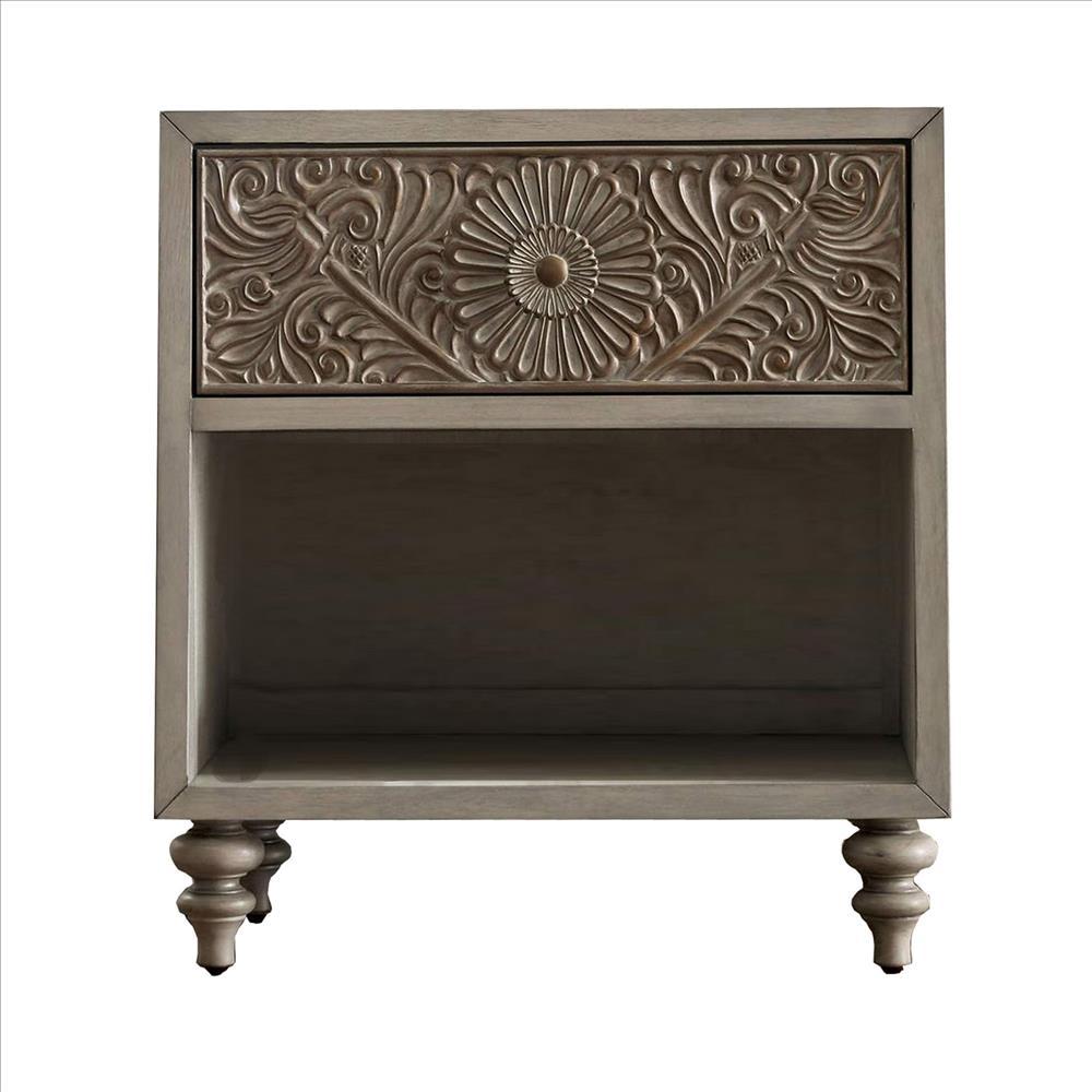 Night Stand with Polyresin Floral Design, Ivory - BM253002