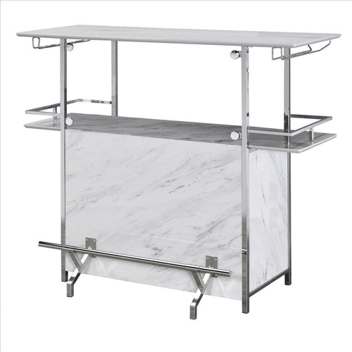 Bar Table with Faux Marble and Chrome Finish, White and Silver - BM253019