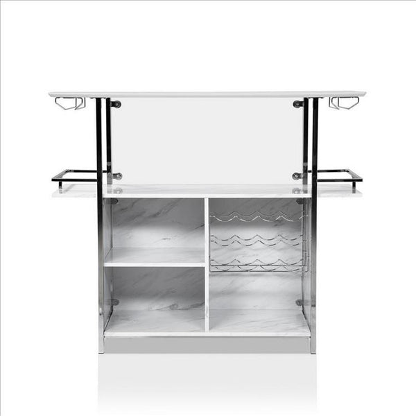 Bar Table with Faux Marble and Chrome Finish, White and Silver - BM253019