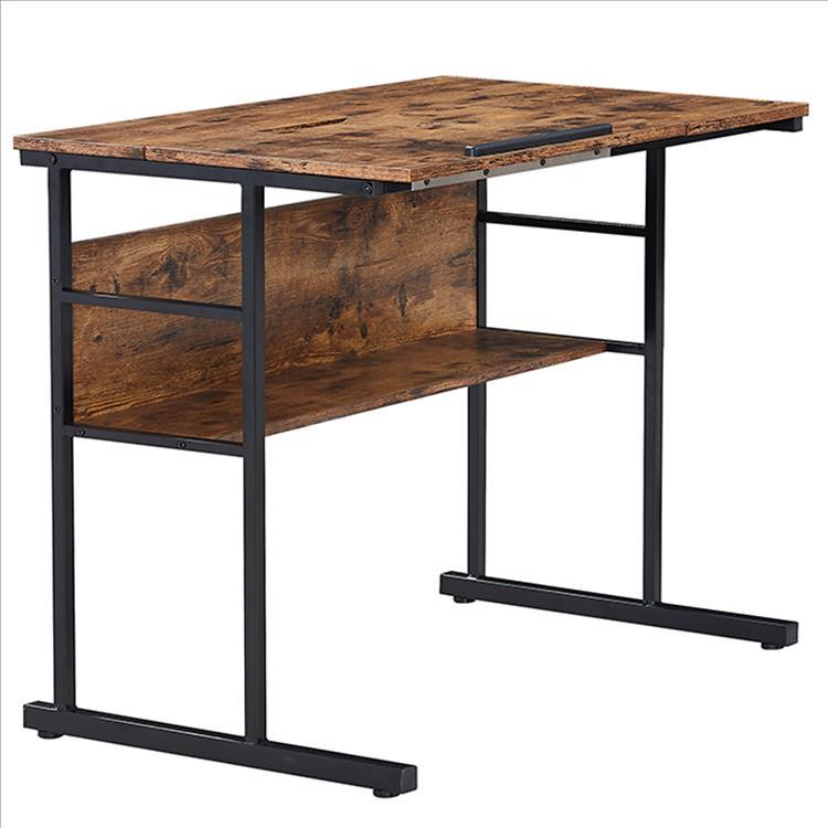 L Shape Desk with Tiltable Top and Metal Frame, Brown and Black - BM261317