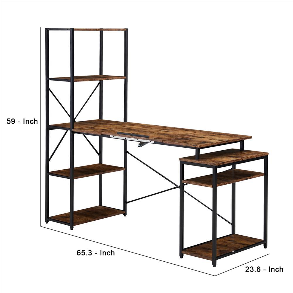 Computer Desk and 5 Tier Bookshelf with Tilted Panel Top, Brown and Black - BM261331